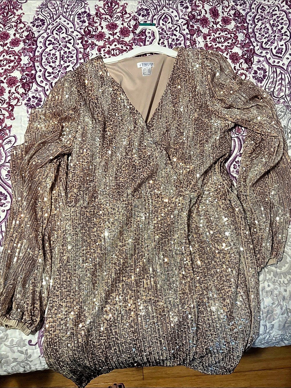 Venus Sequin Long Sleeve Wrap Mini Dress Brown & Gold